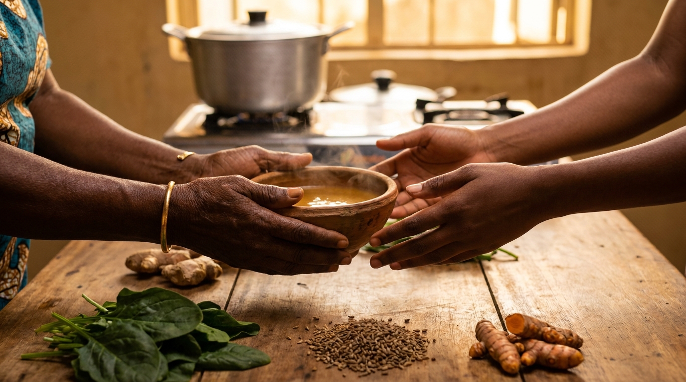 Elderly hands offering clay bowl to younger hands across wooden kitchen table with fresh ingredients